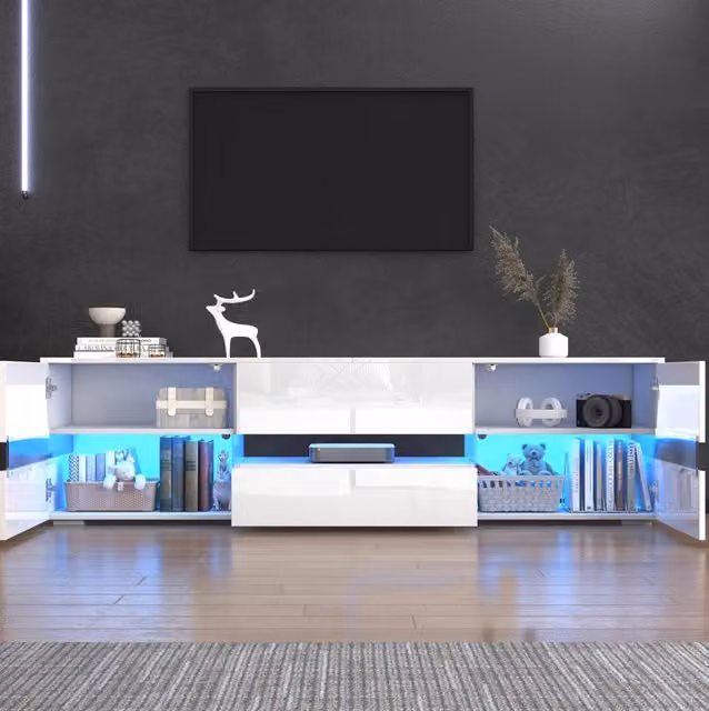 Mobile TV ULEVR 160x39x45 cm con LED, 2 ante, cassetto e vano aperto, bianco lucido
