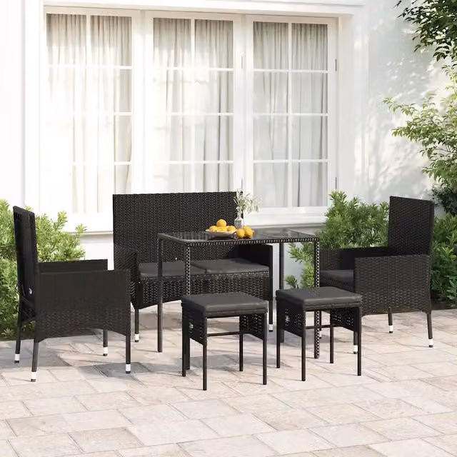 Set Mobili da Giardino 6 pz con Cuscini in Polyrattan Nero 319510