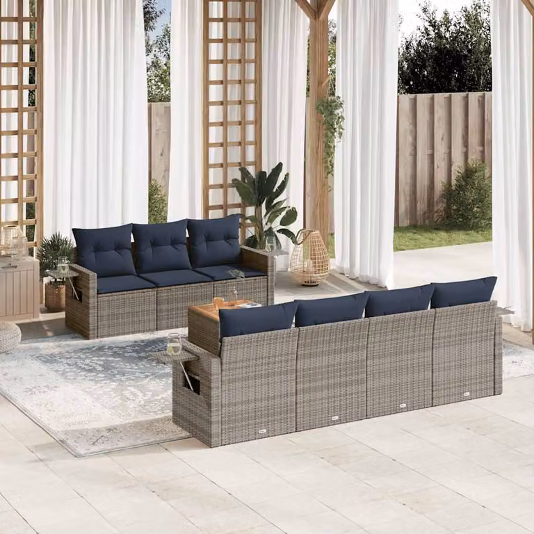 Set da giardino vidaXL in polyrattan composto da 8 pezzi con cuscini grigi e tavolino da esterno