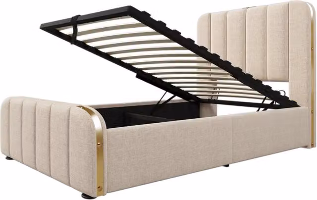 Letto singolo imbottito 90x200 cm con testiera in lino beige, strisce dorate e funzione di ricarica USB Type-C, contenitore idraulico senza materasso