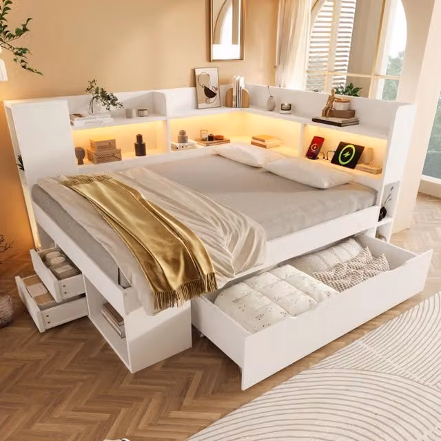 Letto da giorno 140x200 cm bianco con materasso, LED, ricarica USB-C e cassetti