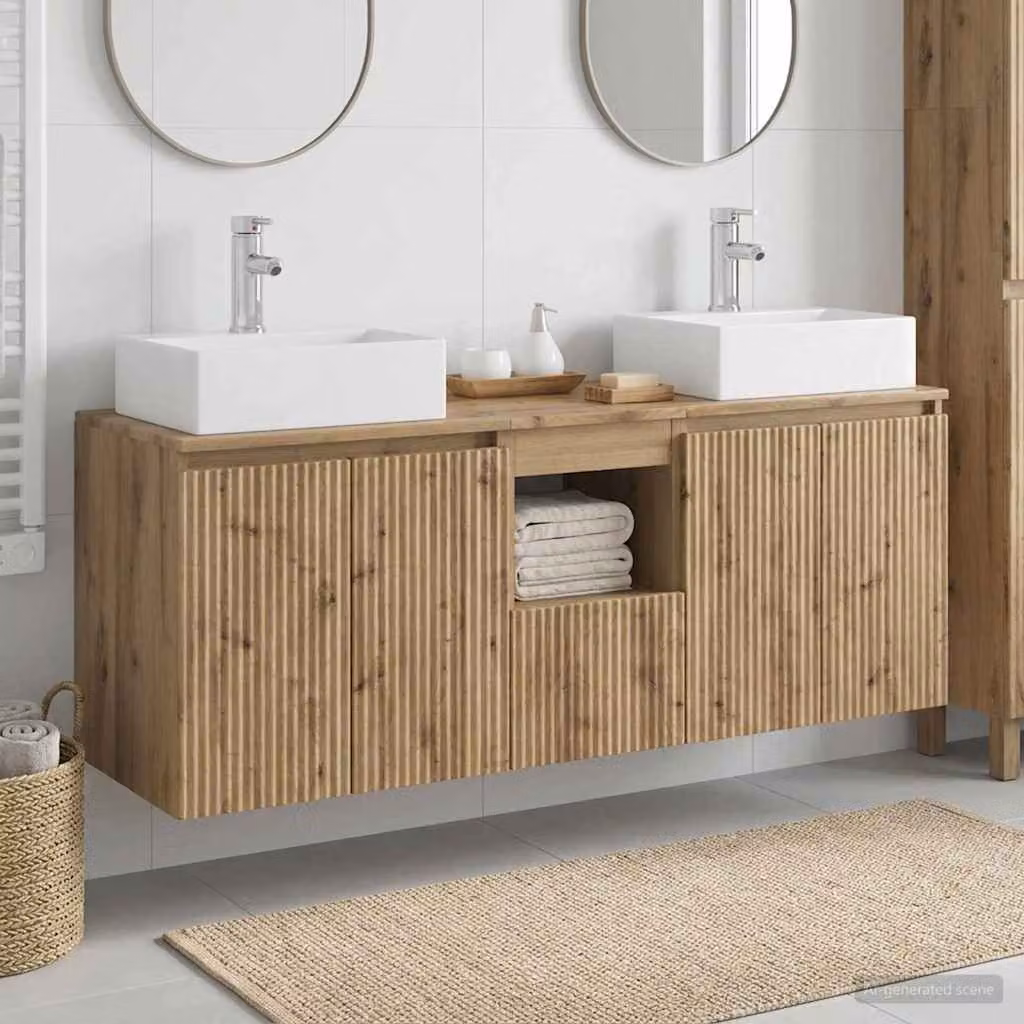 Set di 3 mobili da bagno moderni vidaXL in legno e metallo marrone con base lavabo e pensili sospesi