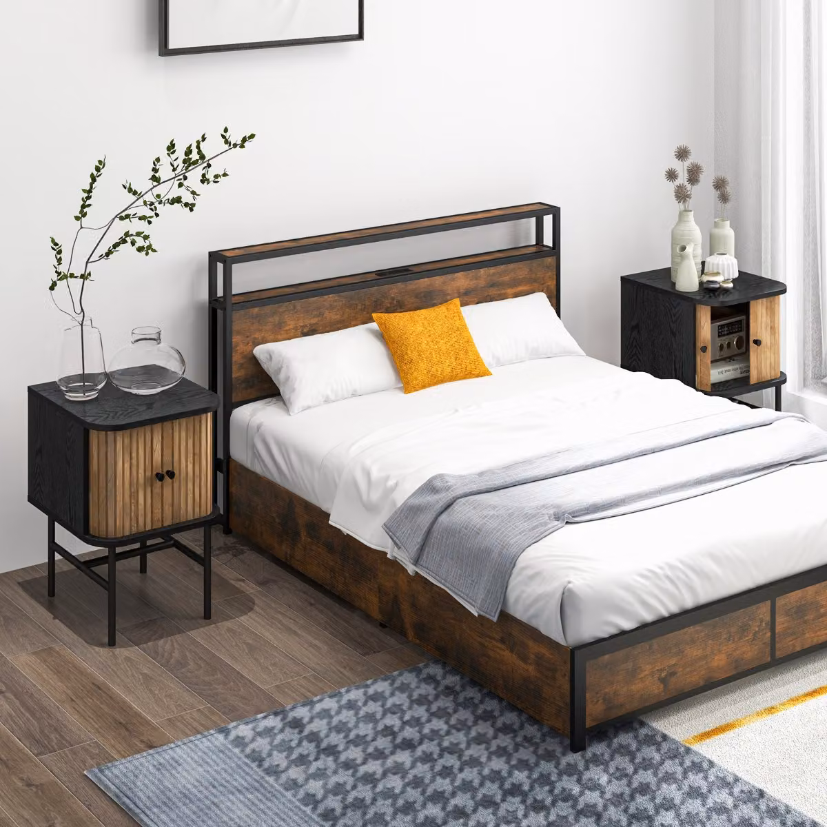 Set di 2 comodini Costway in stile mid-century con ante scorrevoli e gambe in metallo, colore nero