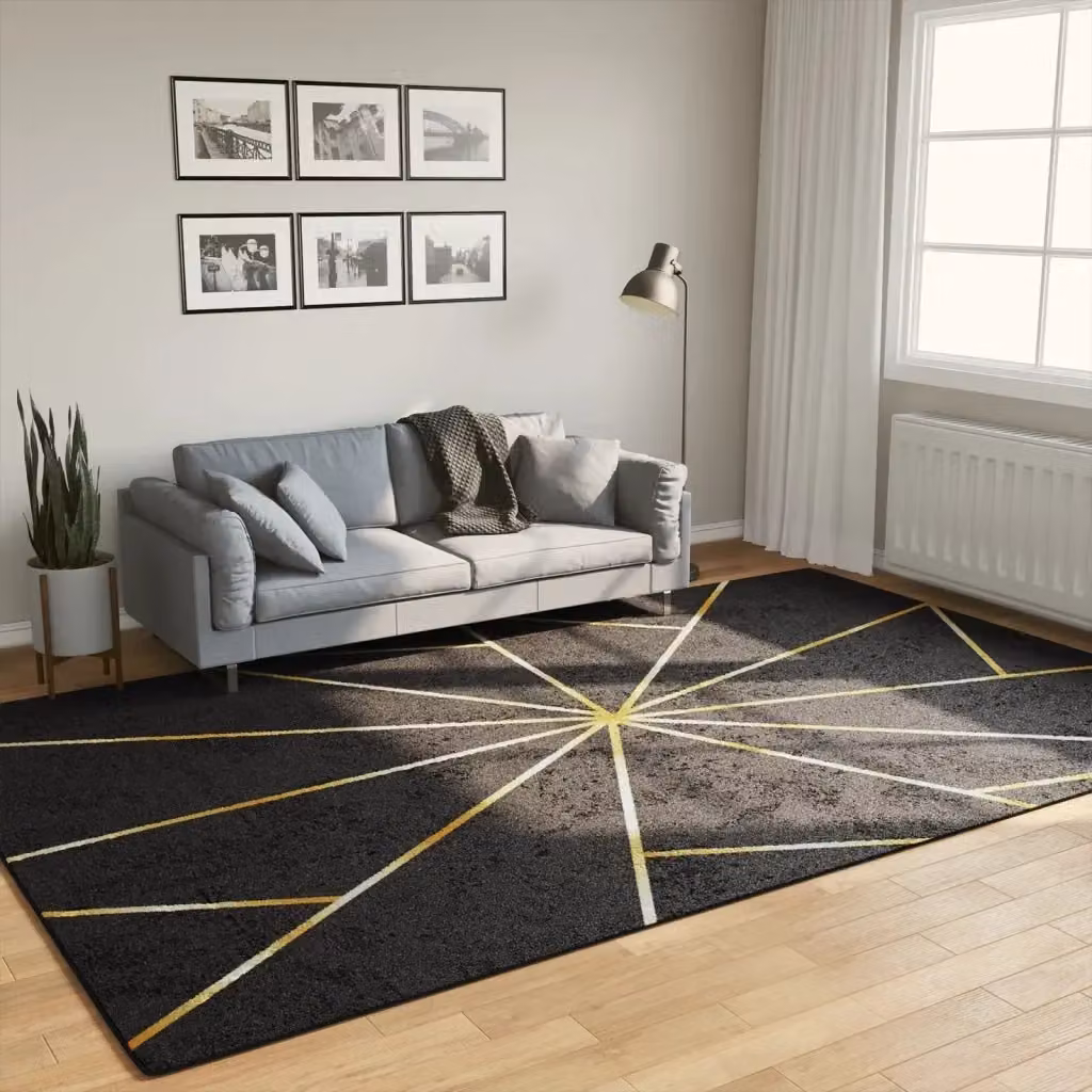 Tappeto da soggiorno moderno con design geometrico nero e oro, lavabile e fonoassorbente, L: 190 cm x P: 300 cm – 2