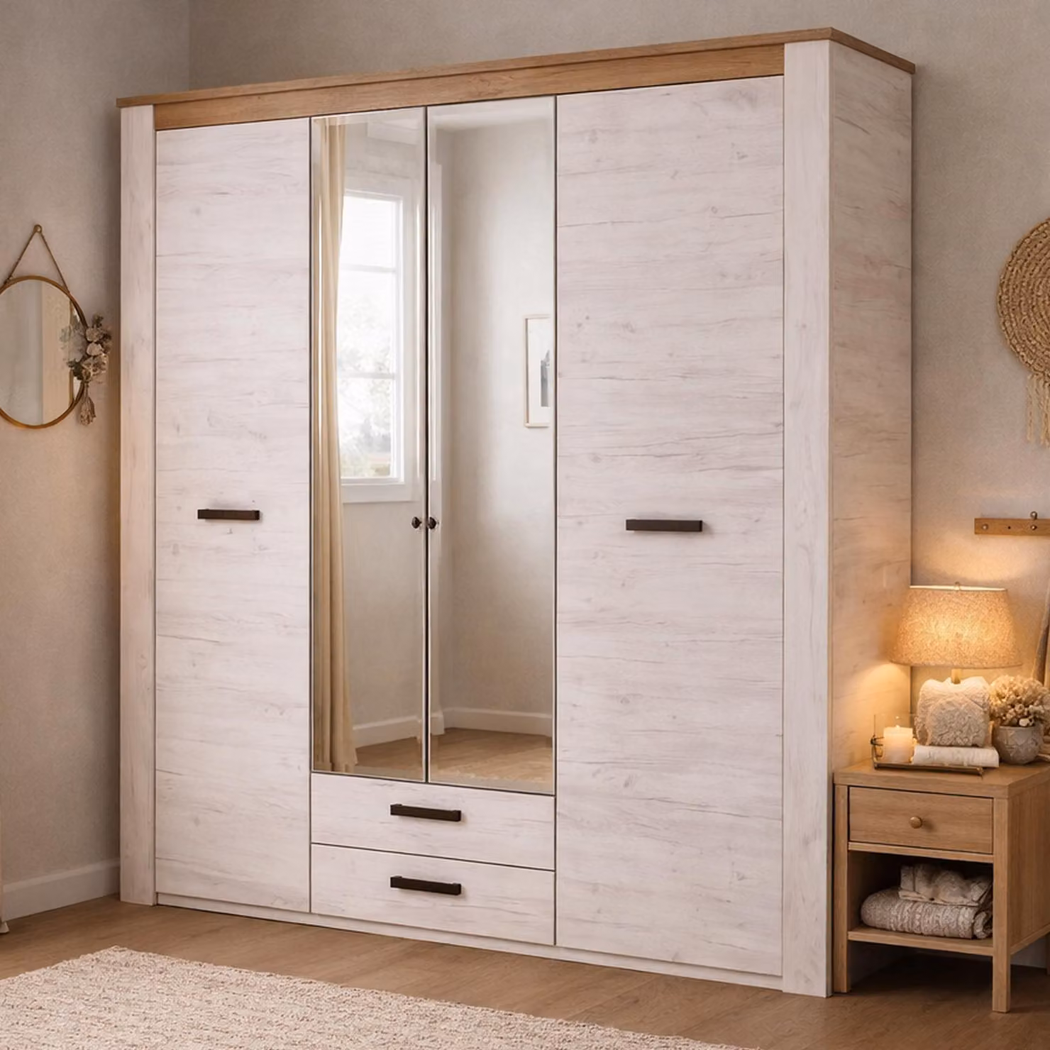 Dmora Guardaroba Grande Caiano 199x207h cm Bianco Larice, 2 Cassetti 5 Ripiani