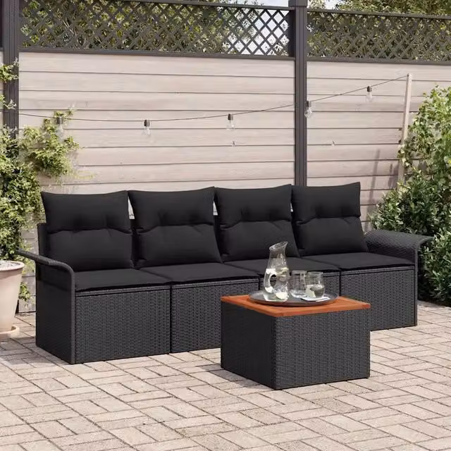 Set Divano da Giardino con cuscino 5 pz-Sofa da Giardino-Divanetto da esterno Nero polyrattan 816455