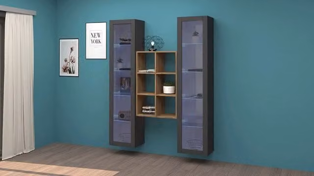 Parete Attrezzata Soggiorno 140x30x180 cm Maruska n°19 Grigio Antracite Opaco/Rovere Wotan