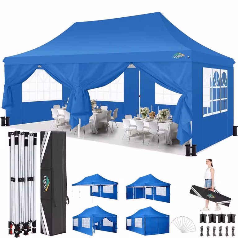 Gazebo da esterno 3x6 metri, colore blu, impermeabile, con protezione anti-UV e dotato di 6 pareti laterali
