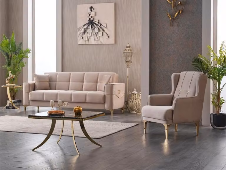 Sofagarnitur Dreisitzer Sessel Polstersofa Beige Stoffsofa Couch Sofa
