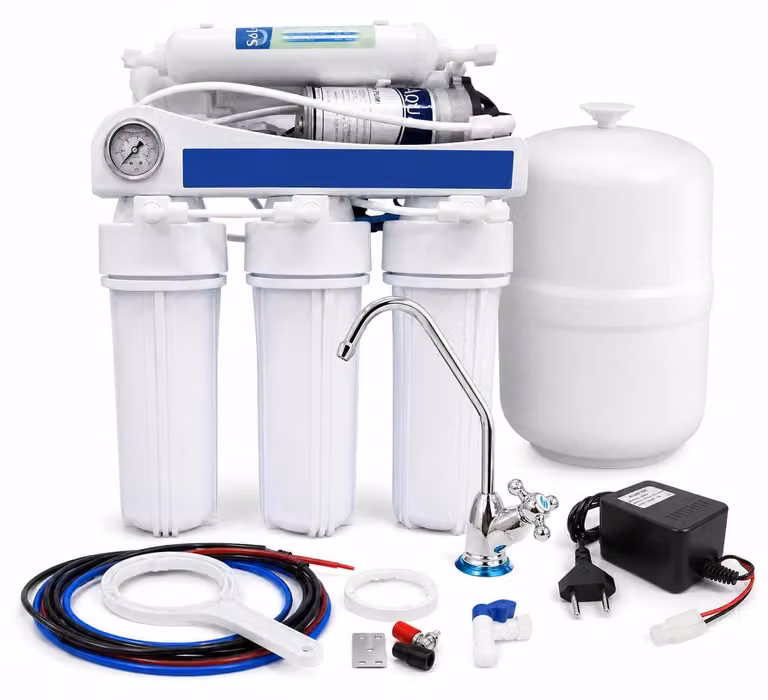 Filtro per acqua a osmosi inversa, 5 stadi, con pompa di pressione, capacità 250 litri