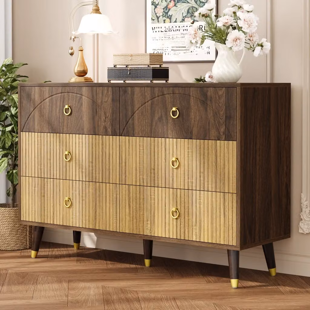 Credenza vintage con 6 cassetti in MDF color naturale e maniglie ad anello in metallo dorato L/P/H: 120 x 40 x 81 cm – 2