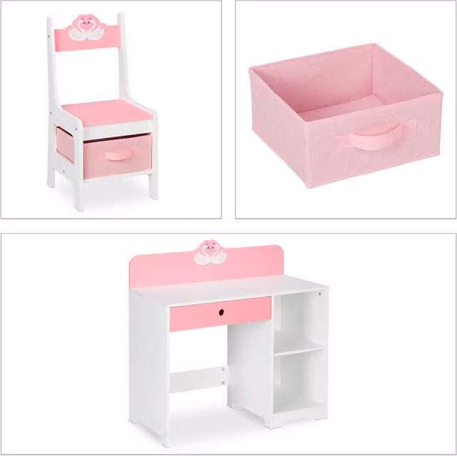 Scrivania e sedia per bambini per cameretta 70 x 50 x 70 cm con contenitori motivo cigno in MDF bianco 13_0012323