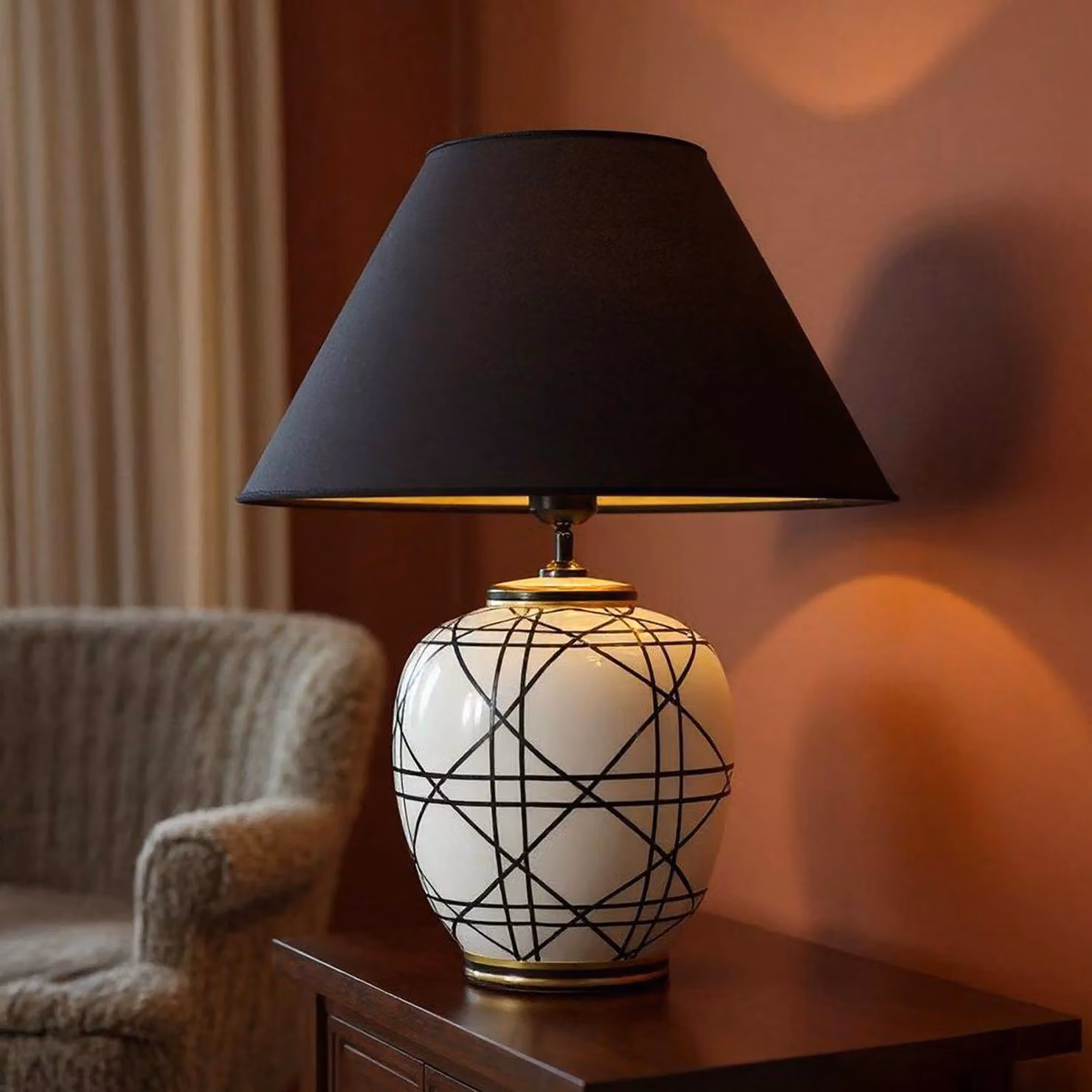 PR Home Lampada da tavolo New York, Nero, Soggiorno / Sala da pranzo, Tessuto / Stoffa / Seta, Lampada da tavolo