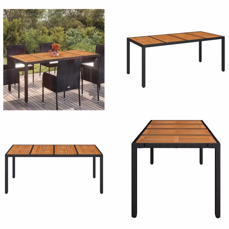 vidaXL Tavolo da giardino con piano in legno nero 190x90x75 cm Poly Rattan - Tavolo da giardino con piano in legno - Tavoli da giardino con piano in legno - Mobili da giardino - Tavolo da pranzo