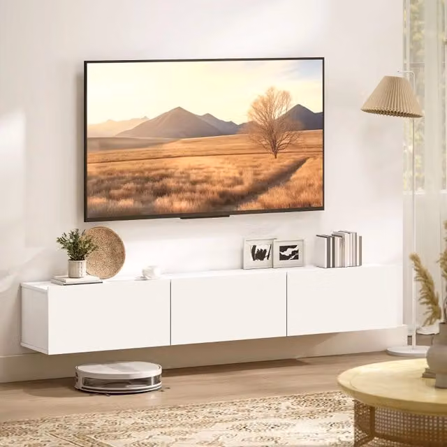 Mobile TV sospeso a parete con 3 ante a ribalta chiusura soft-close in pannello truciolare bianco larghezza 180 cm