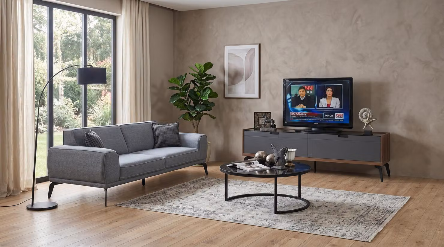 Divano a tre posti, tavolino, mobile TV, stile moderno, grigio antracite, elegante e confortevole