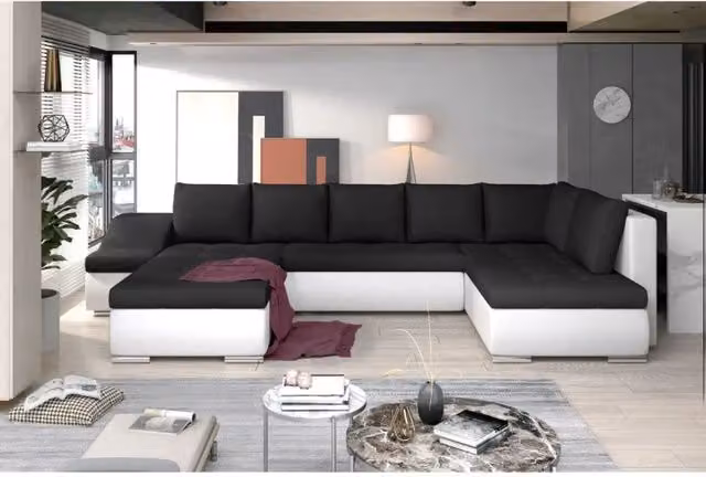 Divano panoramico moderno MEUBLORAMA GYOVANI con angolo a sinistra, trasformabile con funzione letto, poggiatesta regolabile e coperture rimovibili, colori nero, bianco e argento, tessuto, L 351 x P 190 x H 82 cm