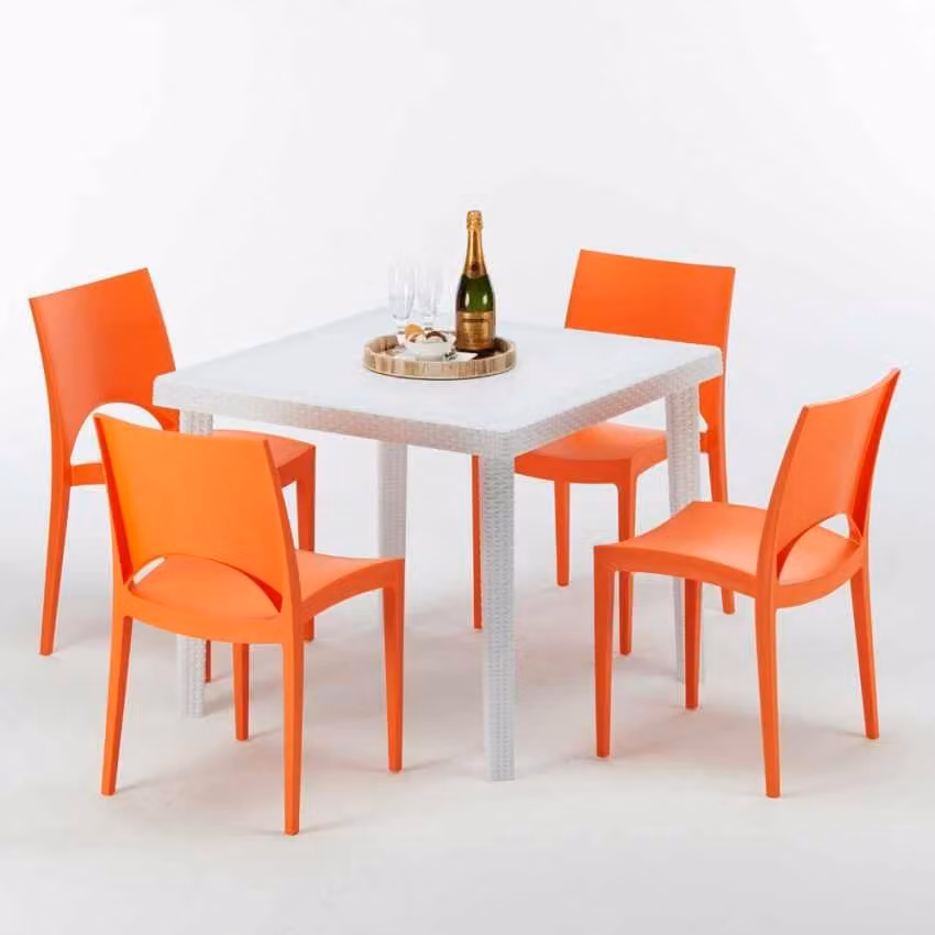 Tavolo quadrato bianco e 4 sedie in polipropilene colorato per esterni Grand Soleil Paris Love - Arancione