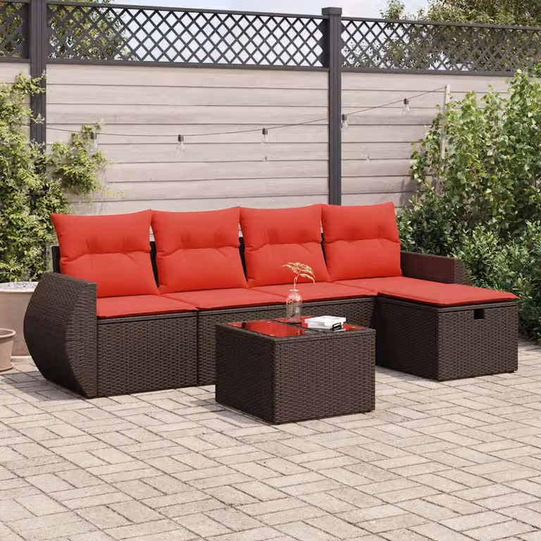 Set Divano da Giardino vidaXL 6 pz a Forma a L con Cuscini Marrone e Rosso in Polyrattan e Acciaio