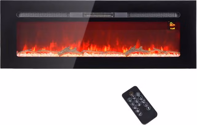 Camino Elettrico da Parete GIORDANOSHOP Nero con Telecomando e Display LCD 1800W L: 127 cm, H: 45 cm, P: 15,8 cm