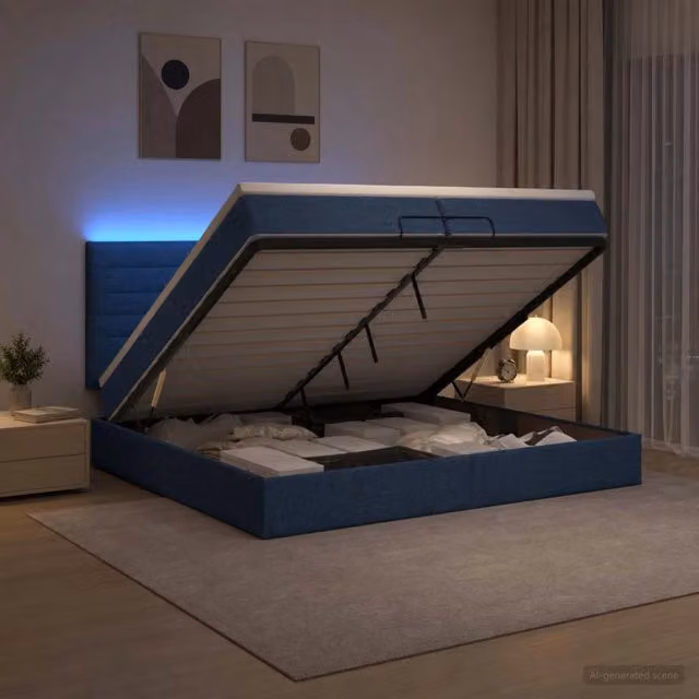 Letto Ottomano con Materasso Ibrido vidaXL, Colore Blu e Bianco con Illuminazione LED Sotto il Letto, L/P/H: 203 x 200 x 88 cm