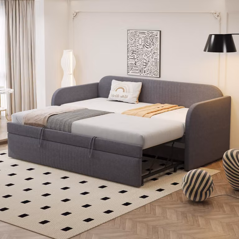 Divano letto STILVORA 90/180x190 cm con rete a doghe, divano letto estraibile con design a strisce verticali, letto per bambini, letto estraibile in tessuto di lino (senza materasso) grigio