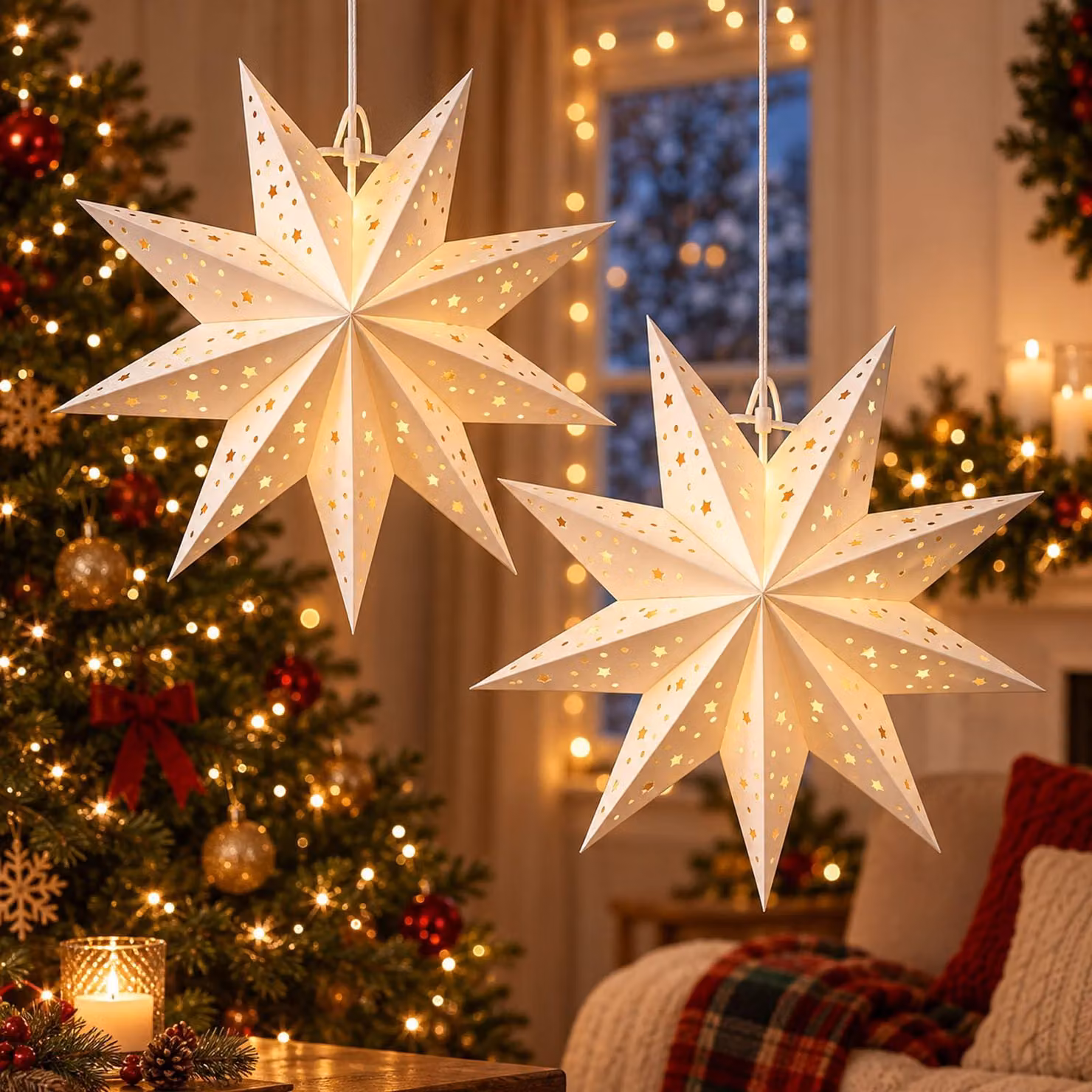 Stelle di Natale illuminate con timer, colore bianco, 35 cm