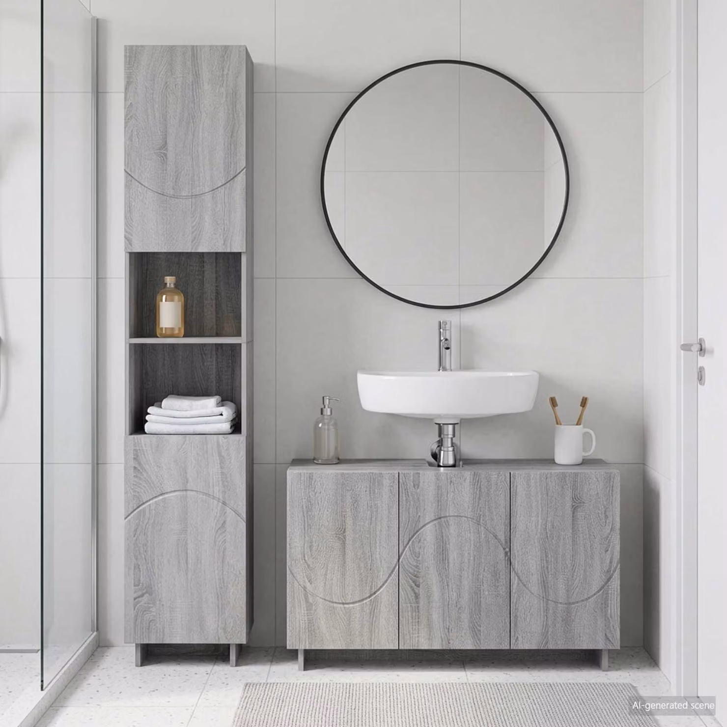 Set di mobili da bagno moderno vidaXL composto da base lavabo e colonna alta in legno ingegnerizzato grigio L/P/H: 101 x 41 x 58 cm e 51,89 x 41 x 58 cm