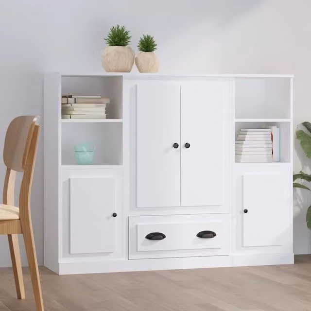 Set di 3 credenze bianche in legno multistrato vidaXL per sala da pranzo, modello minimalista a parete