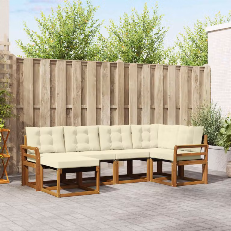 vidaXL Set di divani da esterno a L composto da 6 pezzi in legno di acacia con cuscini beige e bianco