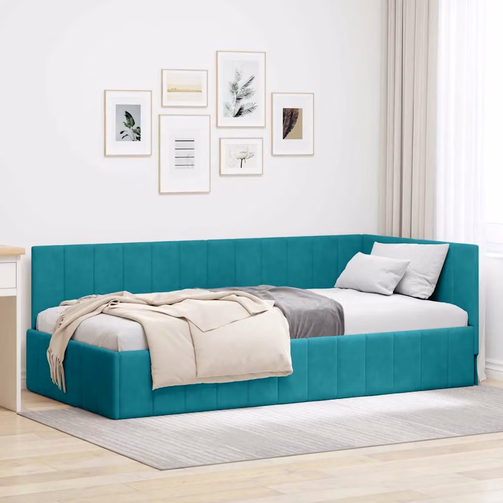 vidaXL Cornice del letto ad angolo in velluto turchese, L/P/H: 190 x 90 x 72 cm – 1