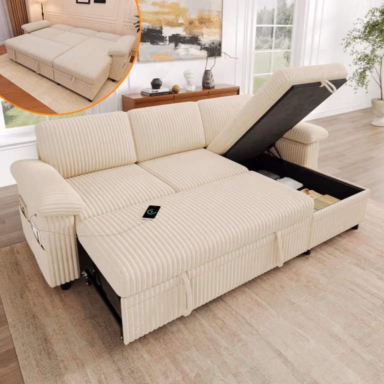Divano angolare a forma di L, con funzione letto, pouf incluso, porta USB di tipo C, schienale regolabile, cuscini per braccioli, tessuto corduroy, colore beige