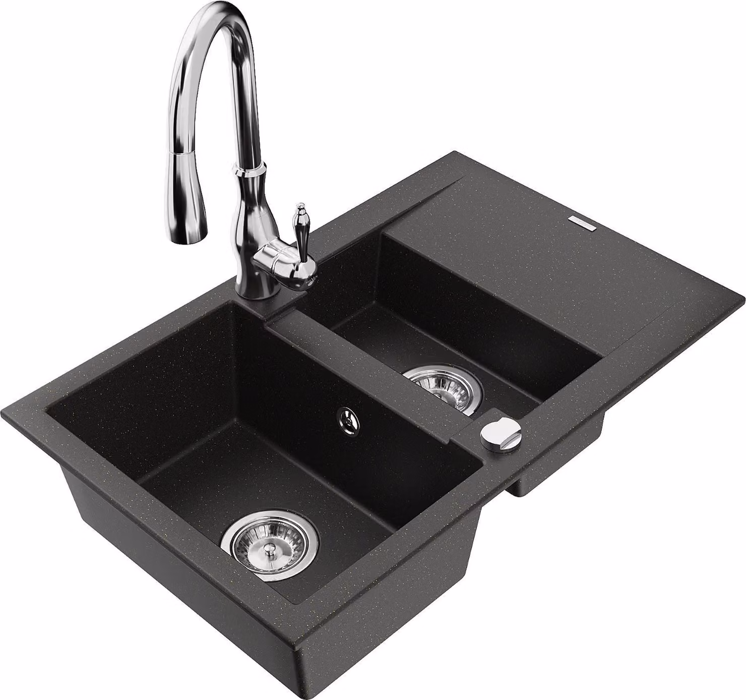 Mexen Gaspar lavello in granito 1,5 vasche con scolapiatti e miscelatore da cucina Savita, nero/oro - 6507-75-672601-00