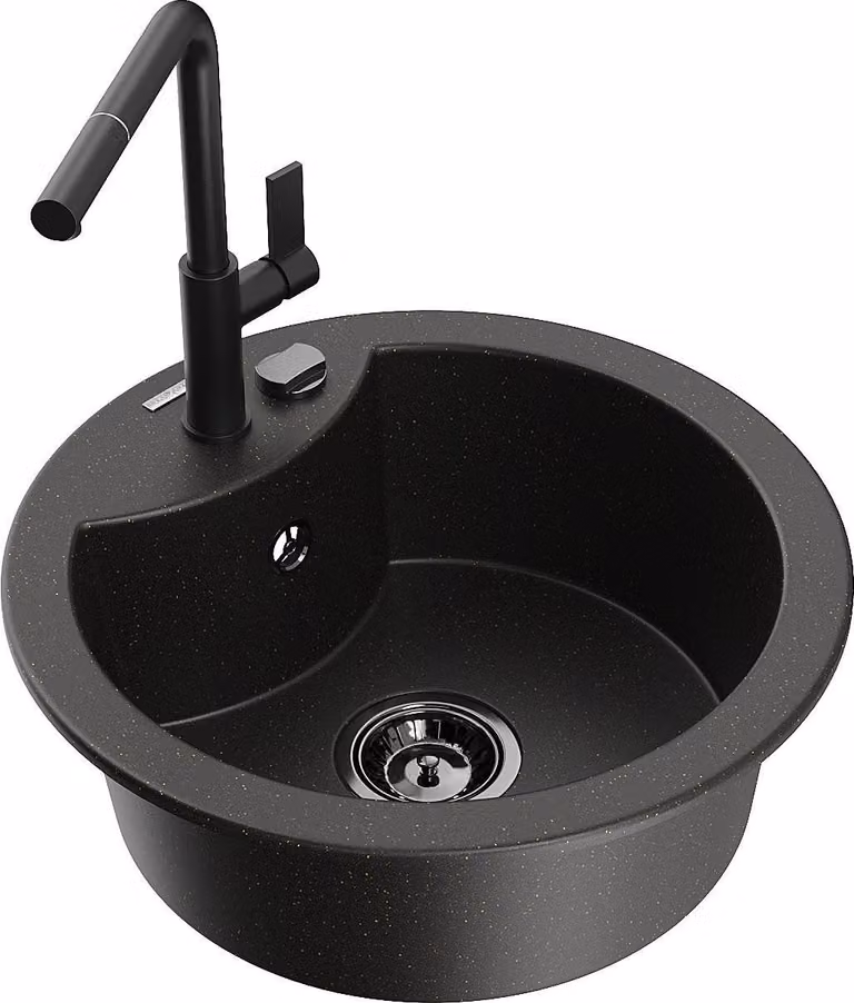 Mexen Diego lavello in granito a 1 vasca con rubinetto da cucina Flora, nero/oro metallizzato - 6512-75-670401-70-B