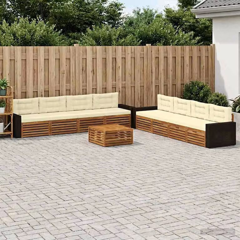 Set di divani da esterno vidaXL a forma di U composto da 9 pezzi in legno di acacia con cuscini, colore beige e marrone