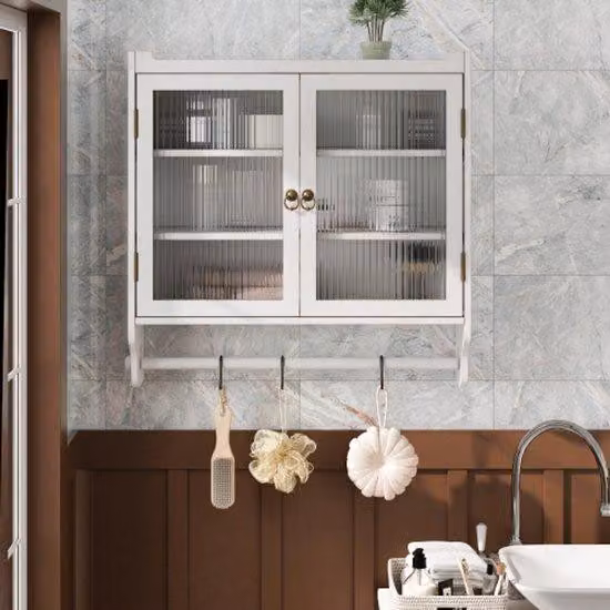 Armadietto da bagno in vetro da 63 cm con tre ripiani, portasciugamani, stile vintage, doppio, per il bagno, bianco