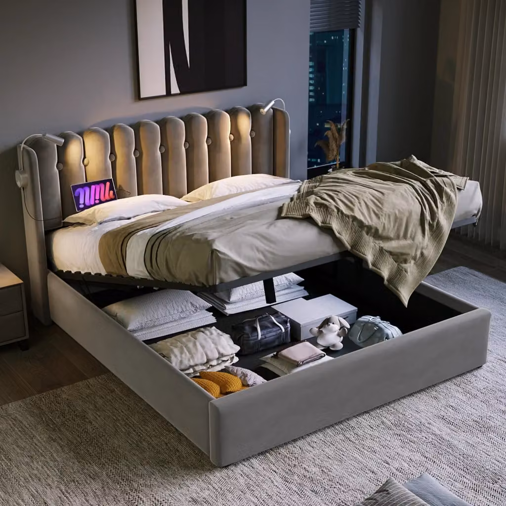 Letto Contenitore REDOM in Velluto Grigio con Luce da Lettura e Porta USB L/P/H: 206 x 140 x 145 cm – 2