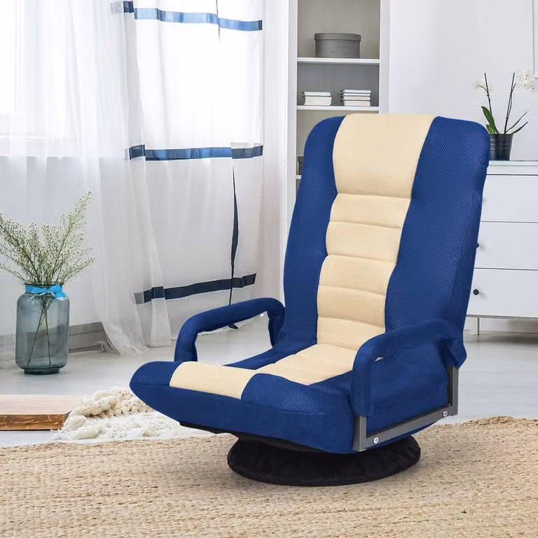 Sedia reclinabile COSTWAY ruotabile a 360°, sedia da pavimento con schienale regolabile in 6 posizioni, sedia reclinabile fino a 140 kg di portata, sedia da pavimento imbottita, blu+bianco
