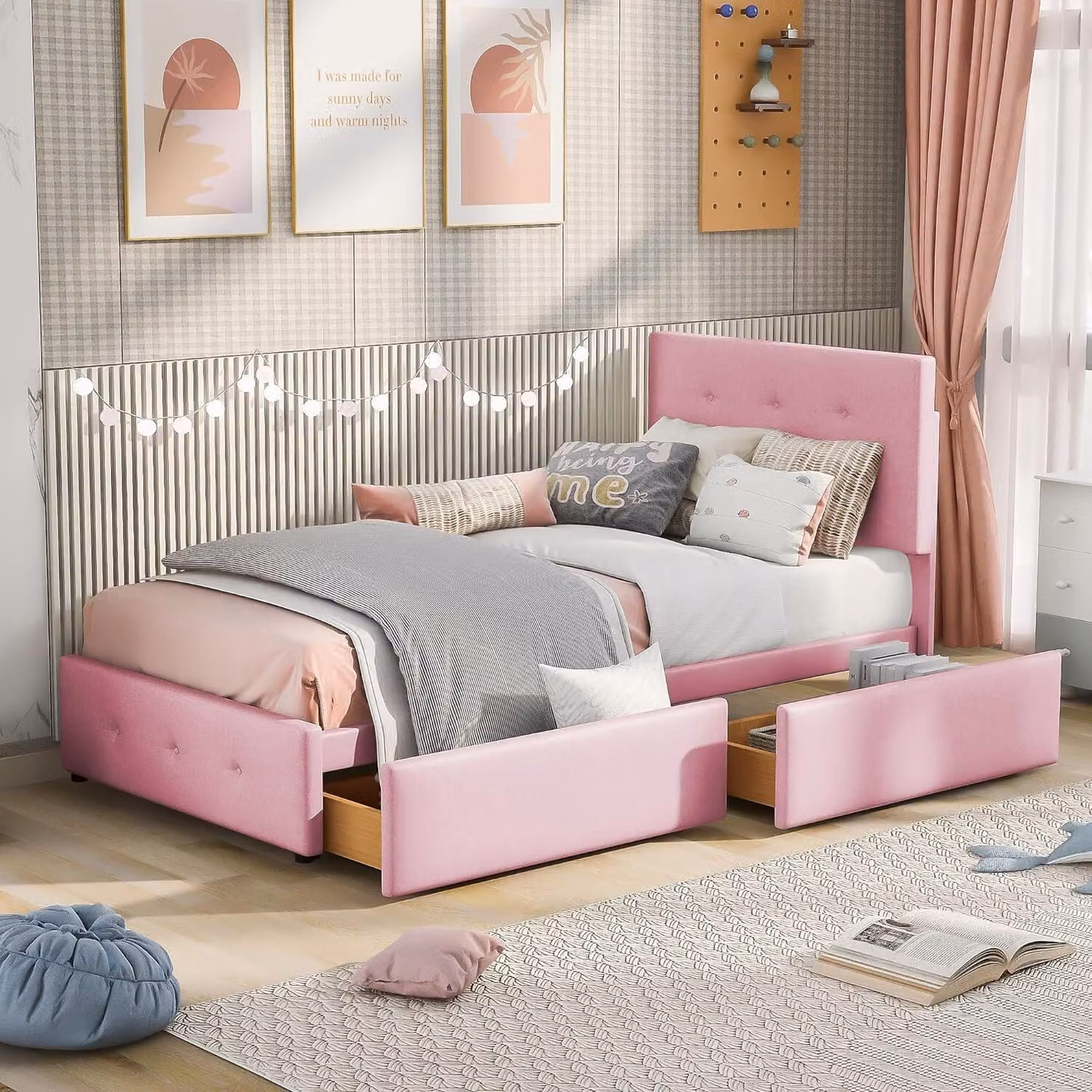 Letto imbottito Fortuna Lai letto singolo con 2 cassetti, letto con rete a doghe e schienale, tessuto in velluto, letto per bambini letto per giovani letto per ospiti, letto contenitore, mobili per la camera da letto, senza materasso, 90 x 200 cm, rosa