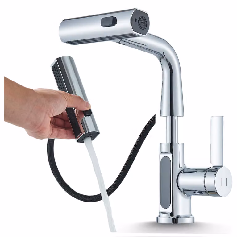 Miscelatore per lavabo Ari Atomic, cromato, con doccetta estraibile, indicatore di temperatura, 3 getti, rotazione a 360° e altezza regolabile