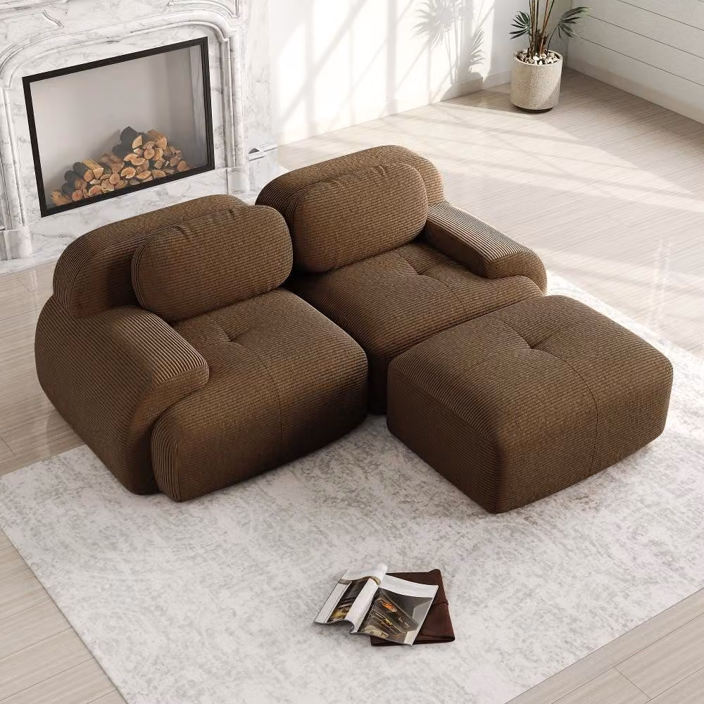 Divano angolare in tessuto corda, color marrone, dimensioni 208x178x70 cm, divano modulare senza struttura, con braccioli curvi, imbottitura in schiuma 32D, pronto all'uso
