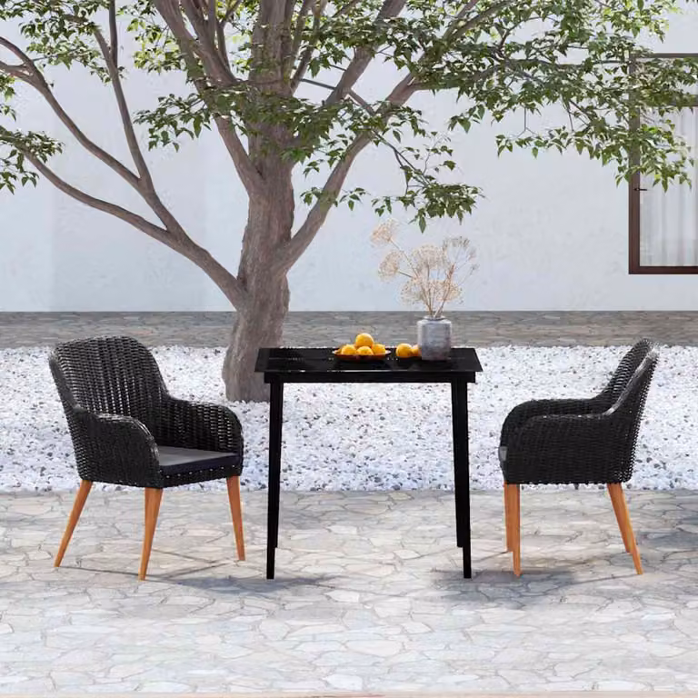 Set da pranzo da giardino vidaXL in rattan e legno di acacia con cuscini, tavolo quadrato in vetro e 2 sedie, nero e grigio