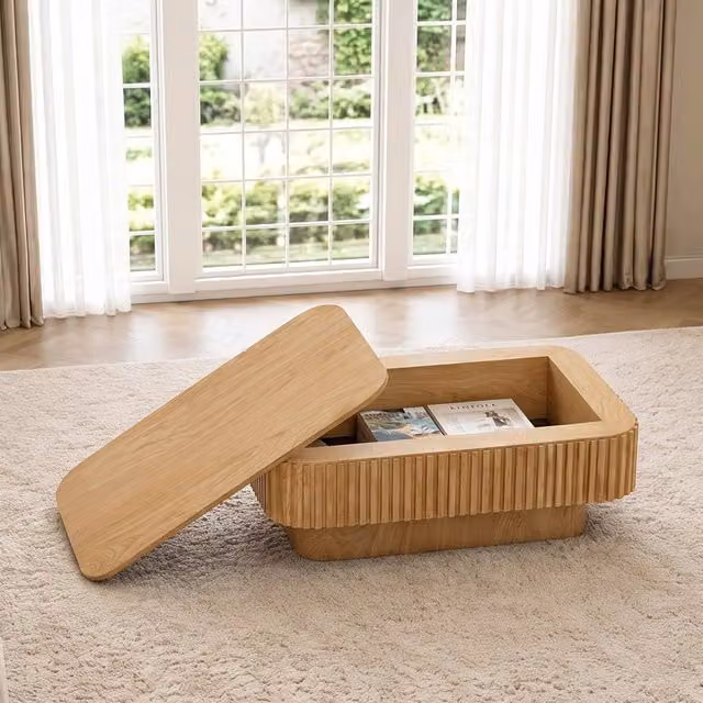 Tavolino basso fisso con vano contenitore nascosto e piano rimovibile in MDF impiallacciato in legno naturale