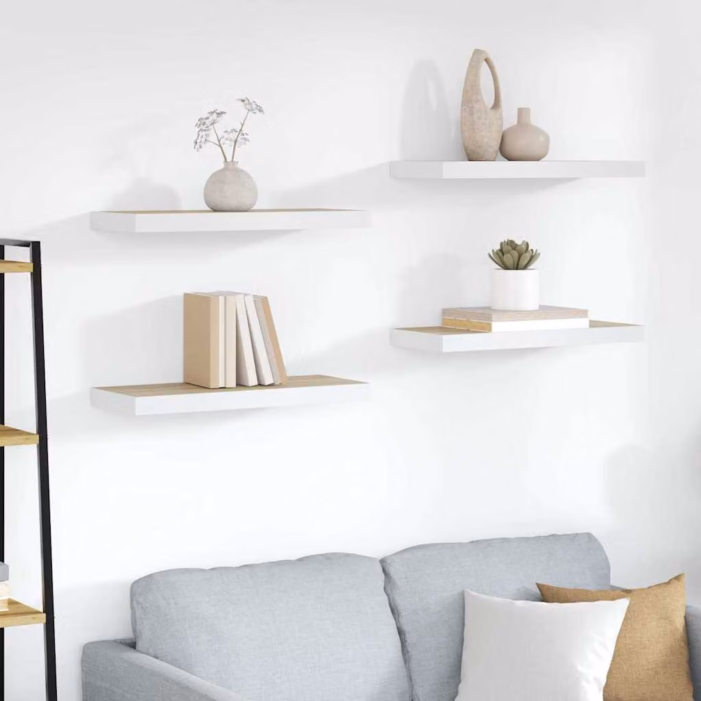 Set di 4 Scaffali da Parete vidaXL in MDF e Metallo, Colore Rovere e Bianco, L 60 x P 23,5 x H 3,8 cm