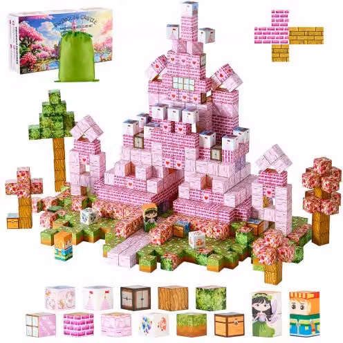 VEVOR Set di 100 Blocchi Magnetici Castello della Principessa Rosa, Giocattoli Sensoriali STEM Montessori per Bambini