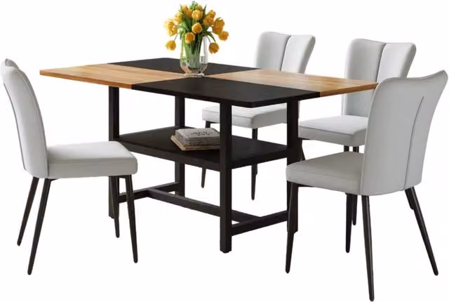 Tavolo da pranzo 160x90x76 cm in MDF marrone e nero con vano, 4 sedie grigio chiaro