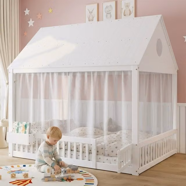 Letto singolo per bambini - Zephmum- Finestre dettagliate, tendine bianche, vano di stoccaggio, 140x200 cm