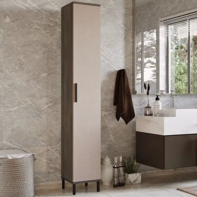 Mobile a Colonna Lieto en.casa Armadio da Stoccaggio con 6 Scomparti e Ante a Battente, Rovere Grigio/Beige/Antracite, H: 183,5 cm, L: 29,5 cm, P: 29,5 cm