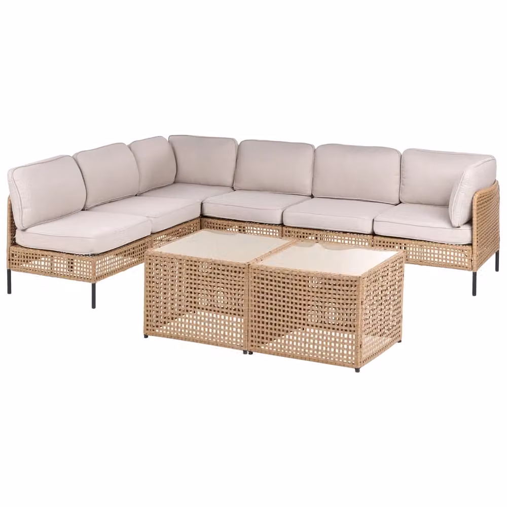 Divano angolare da giardino Beliani IT modulare a 6 posti in rattan con tavolino in vetro e cuscini beige e neri con struttura in acciaio verniciato a polvere – 2