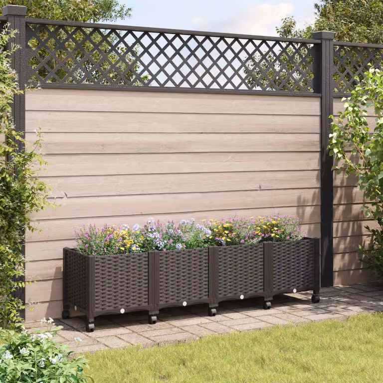vidaXL Vaso da Giardino con Ruote in Plastica Marrone L: 160 cm, P: 40 cm, H: 44 cm